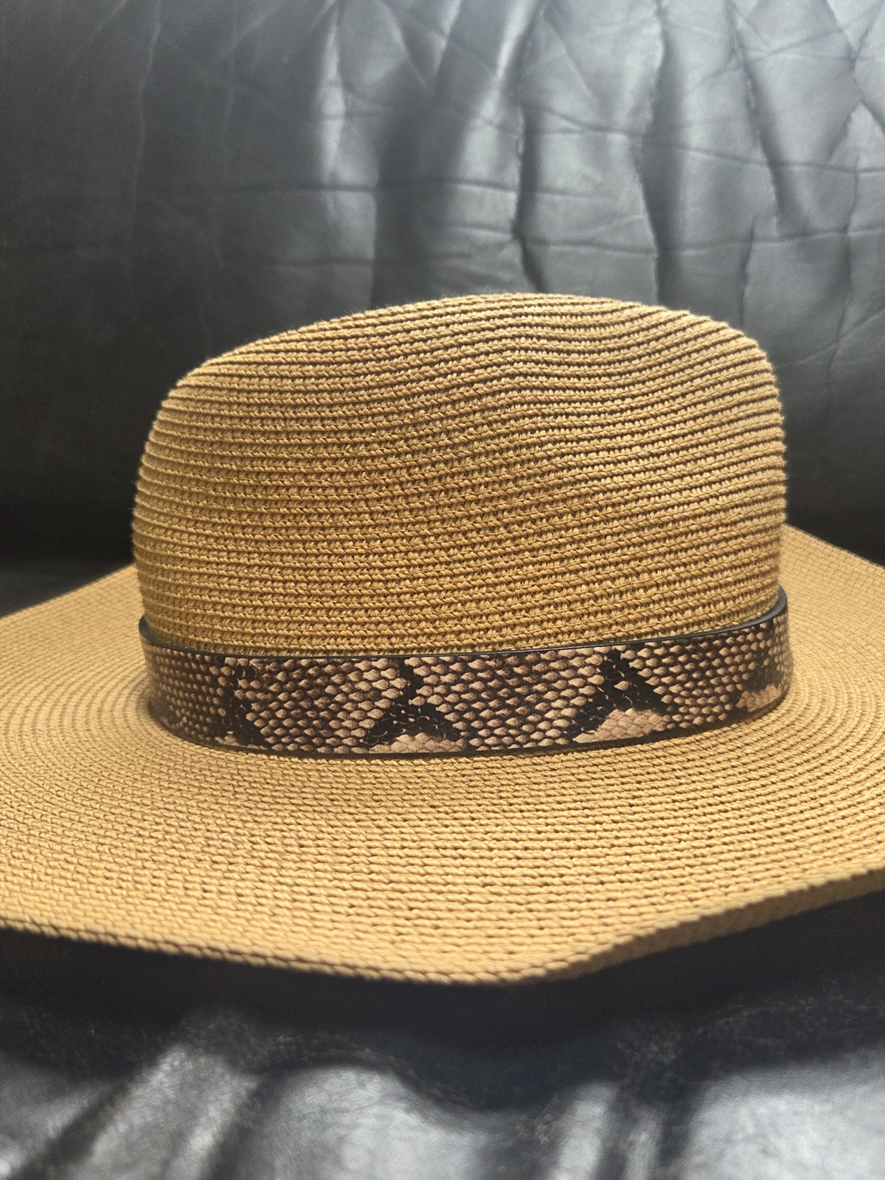 Wide Brim Straw Fedora Hat with Snake-Print Band - Tan - Picture 2 of 4